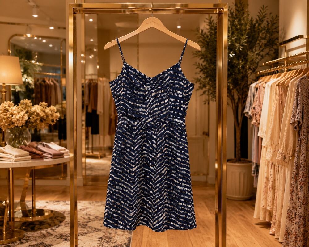 100% Silk Chevron Sundress 0 Blue Cream Fit Flare Adjustable Strap Mini Dress